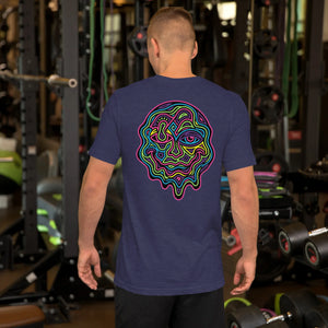Man in gym wearing heather midnight navy unisex staple t-shirt with colorful psychedelic face art on back