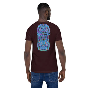 Man wearing oxblood unisex T-shirt with neon blue car blueprint print on back