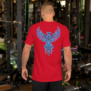 Man in gym wearing red unisex t-shirt with neon psychedelic phoenix design on back