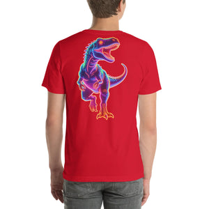 Red unisex t-shirt with vibrant neon-style T-Rex dinosaur graphic on the back