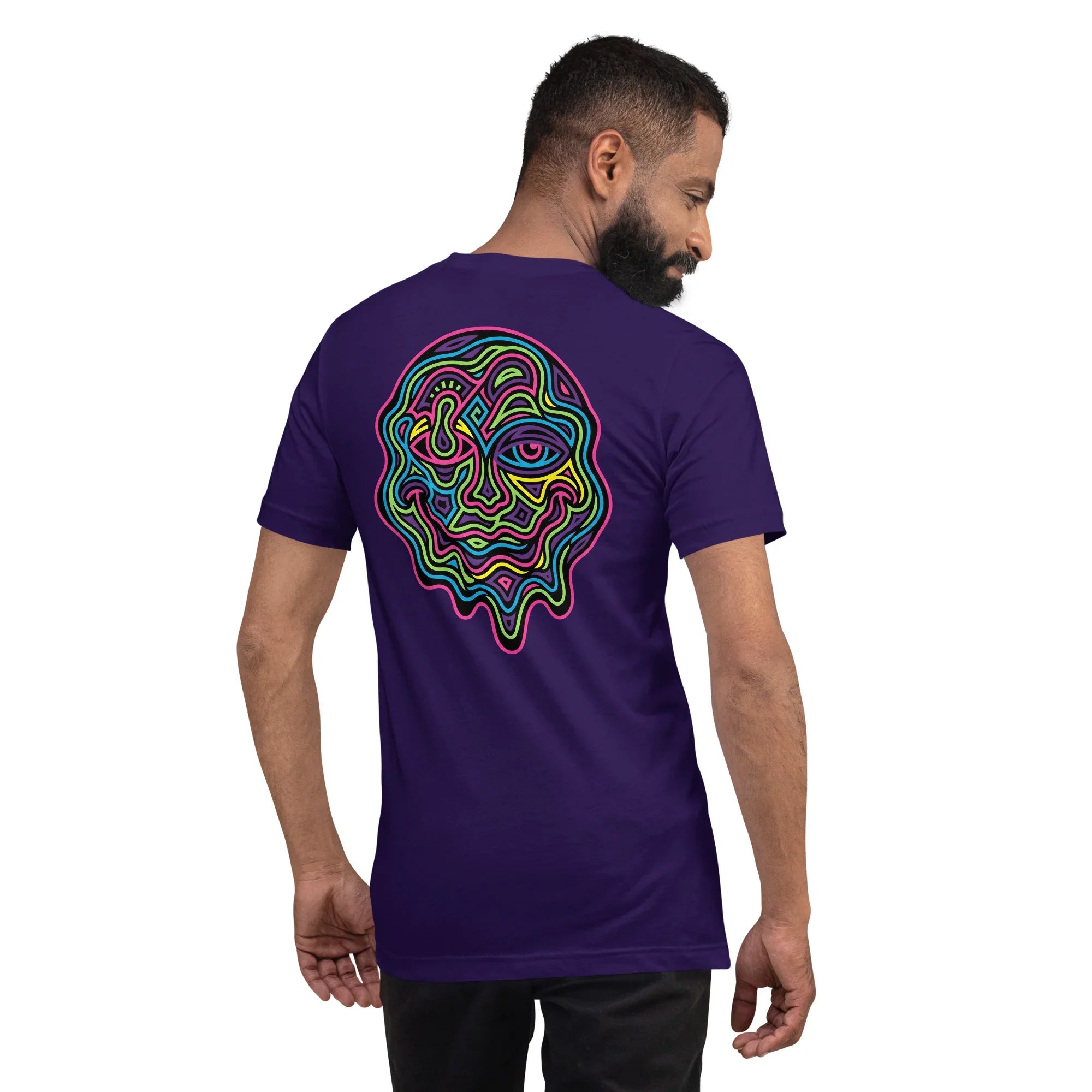 Man wearing a purple unisex t-shirt with a vibrant psychedelic neon abstract face design on the back