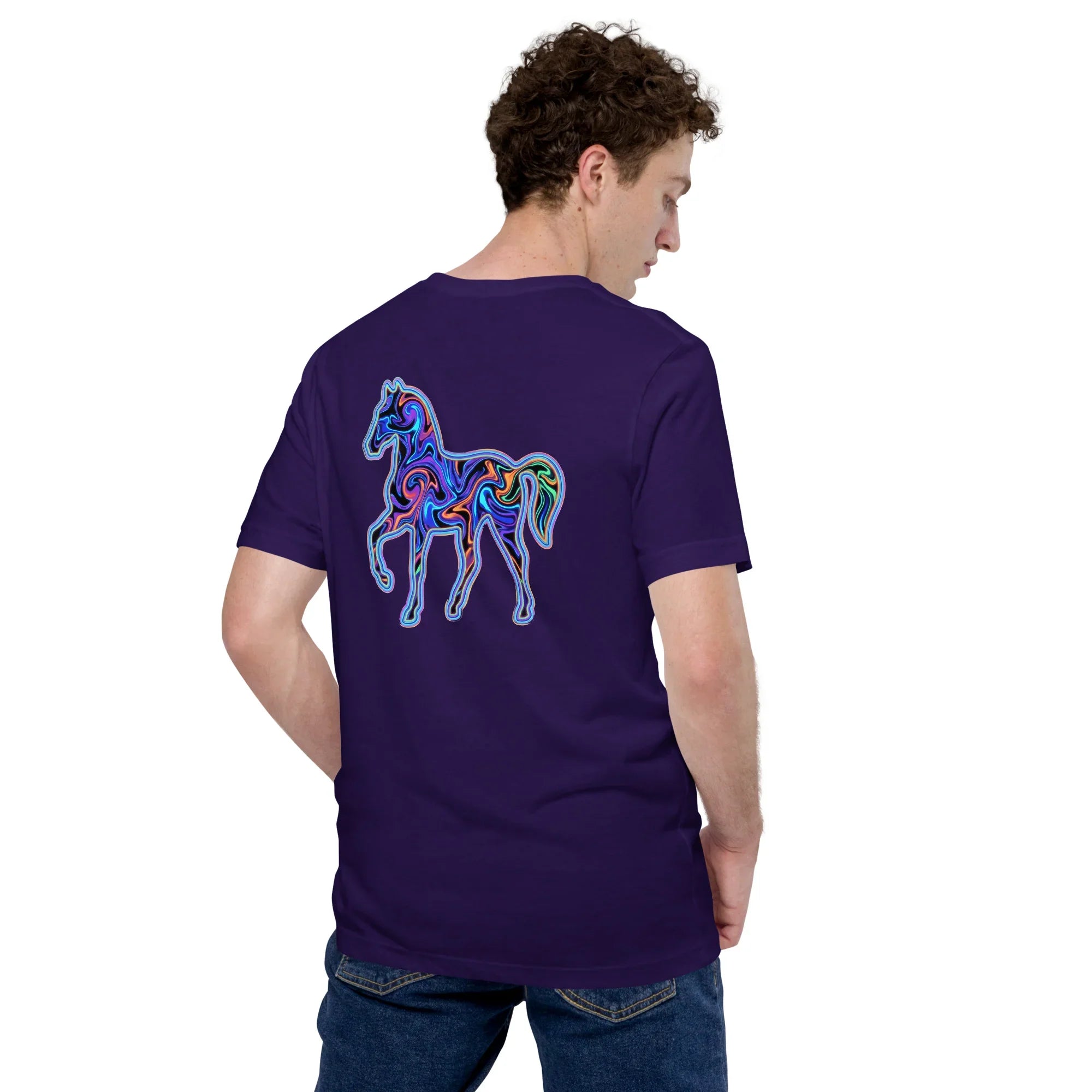 Man wearing a unisex purple t-shirt featuring a vibrant psychedelic horse design on the back