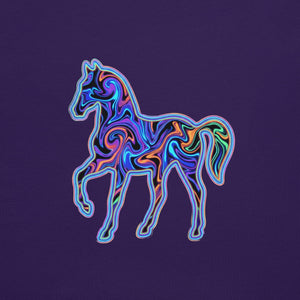 Abstract psychedelic horse design with vibrant neon swirls on purple unisex staple t-shirt