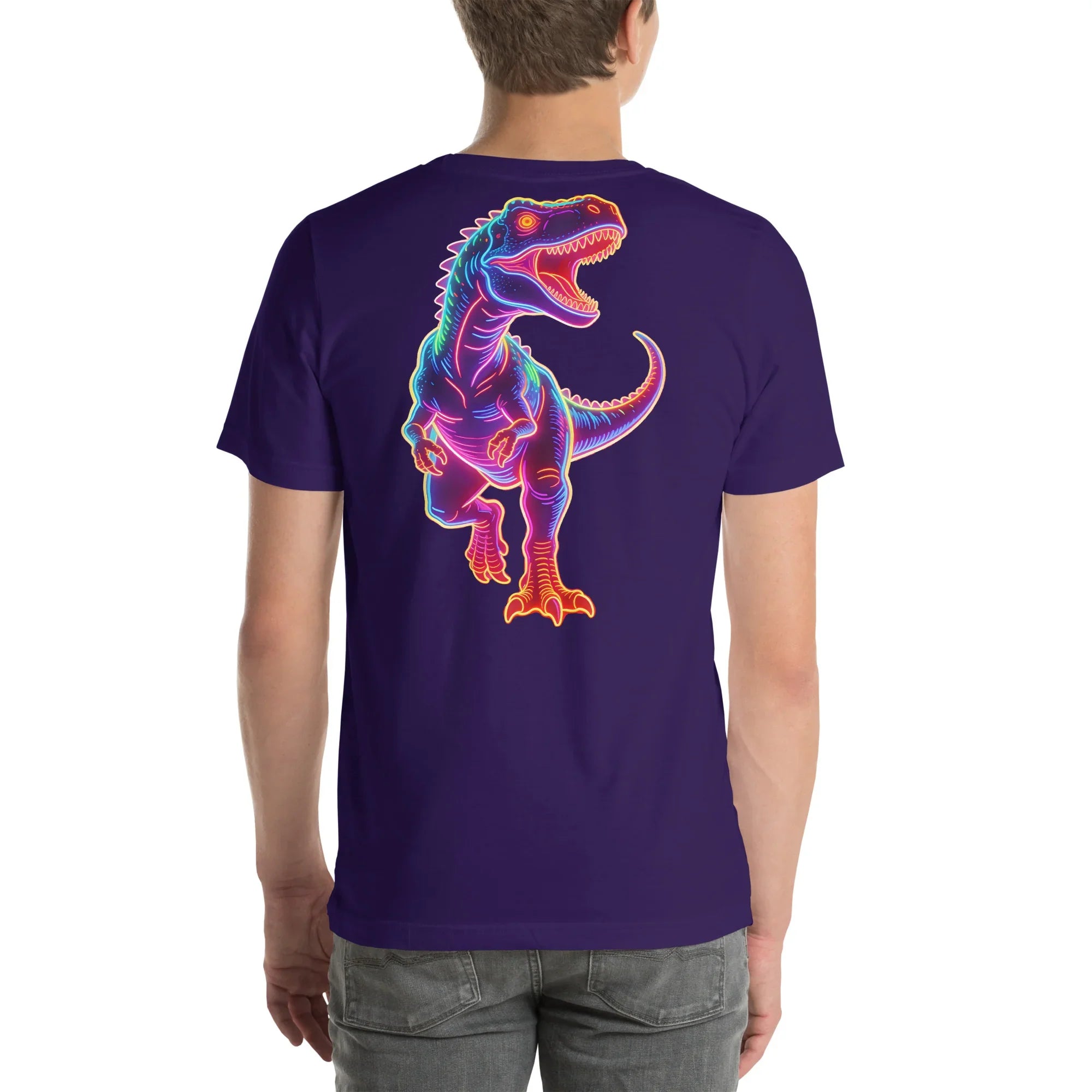 Unisex purple t-shirt with neon glow T-Rex dinosaur graphic on back, worn by model
