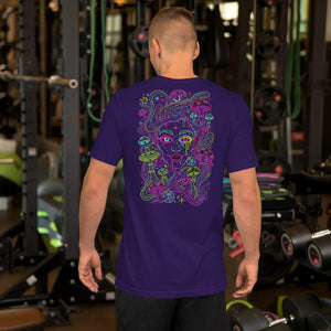 Man wearing unisex purple T-shirt with psychedelic mushroom and cosmic face design in gym