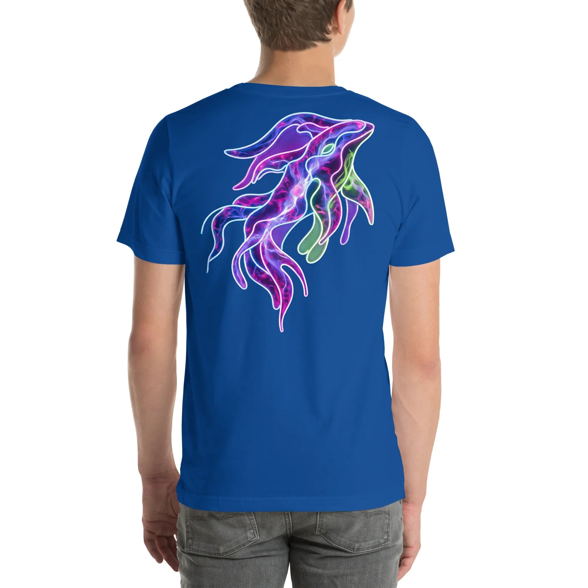 Back view of person wearing true royal blue unisex t-shirt with vibrant neon psychedelic squid design