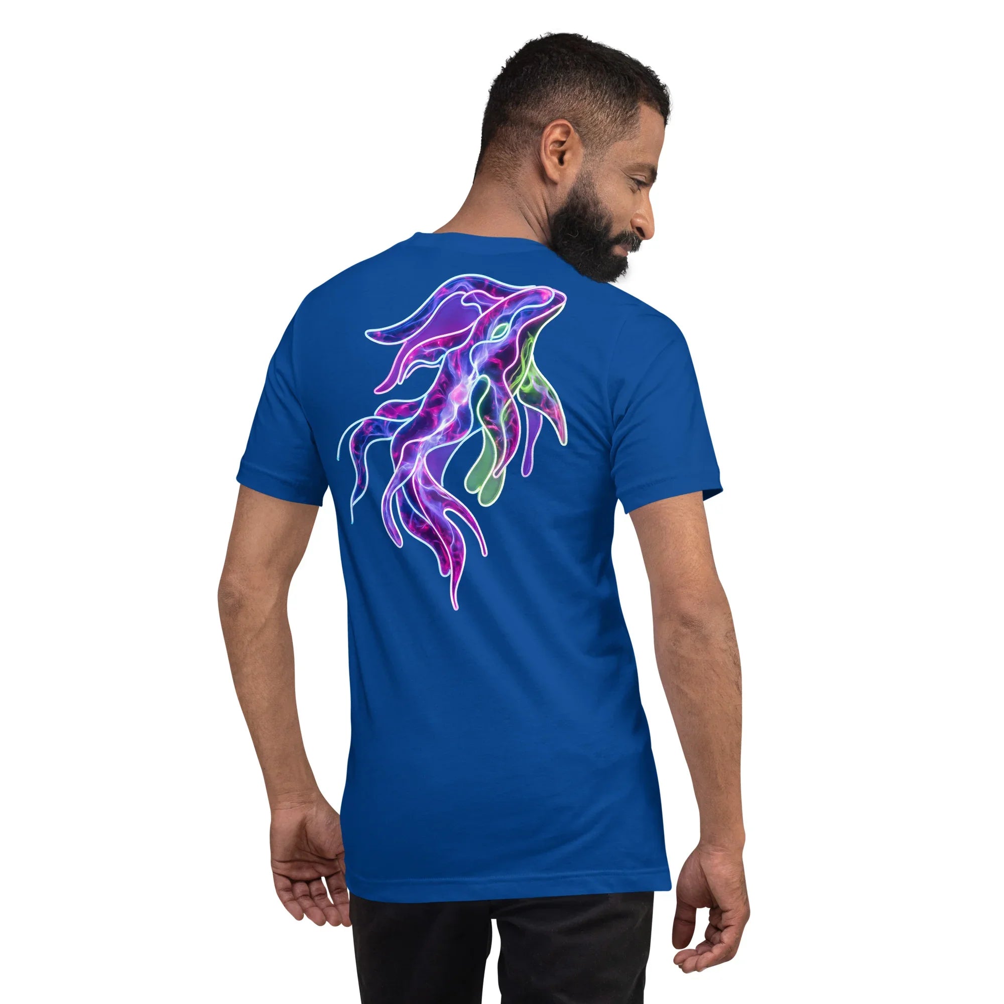 Man wearing true royal blue unisex t-shirt with colorful psychedelic squid design on back