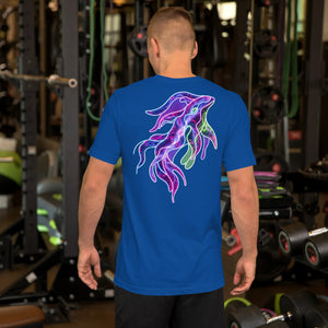Man wearing true royal blue unisex T-shirt with bright neon psychedelic squid design on back in gym setting