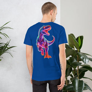 Man wearing true royal blue t-shirt with neon colorful T-Rex dinosaur graphic on the back
