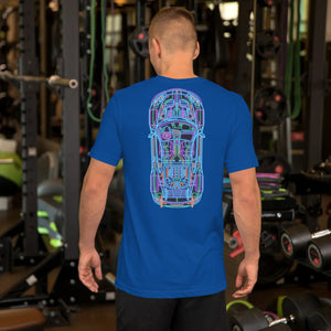 Man wearing true royal blue t-shirt with neon car blueprint design, standing in gym with weights