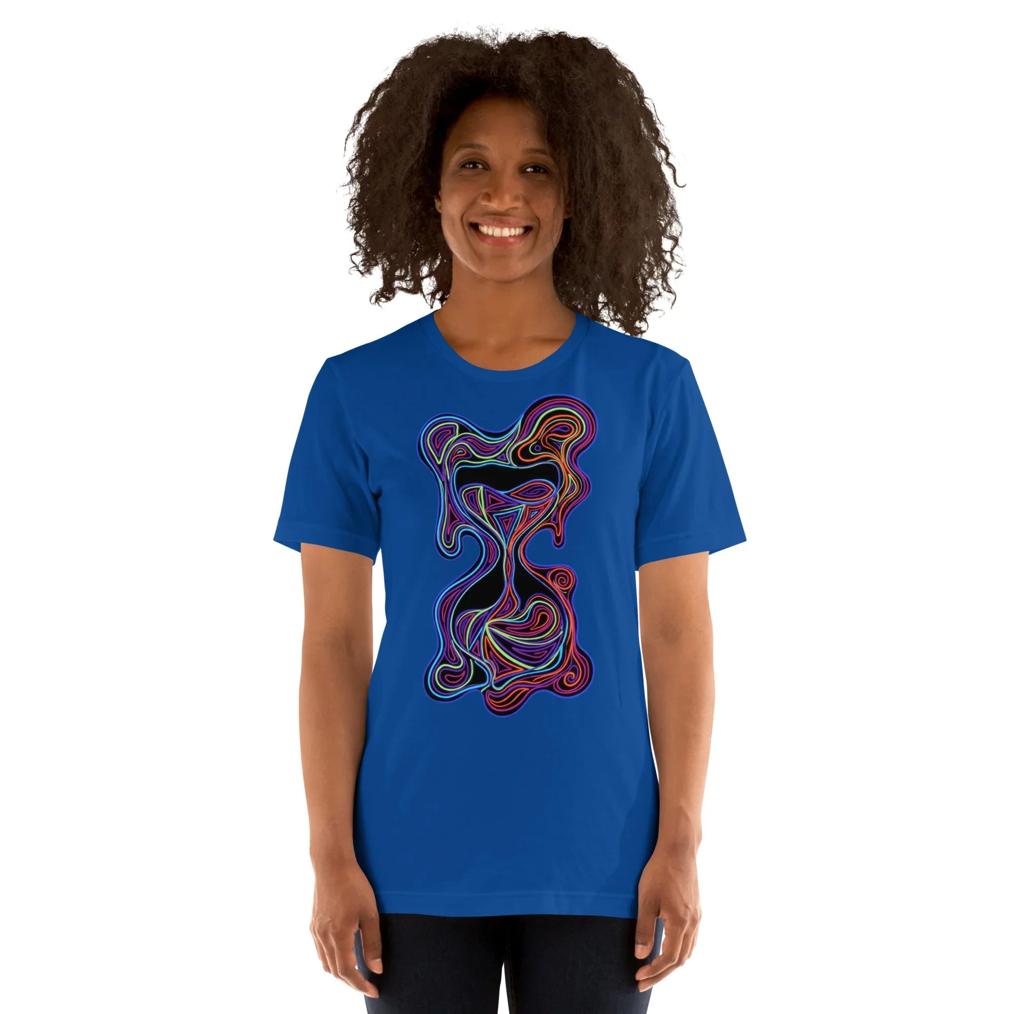 Smiling woman wearing bright royal blue unisex t-shirt with psychedelic colorful abstract hourglass art