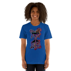 Smiling woman wearing bright royal blue unisex t-shirt with psychedelic colorful abstract hourglass art