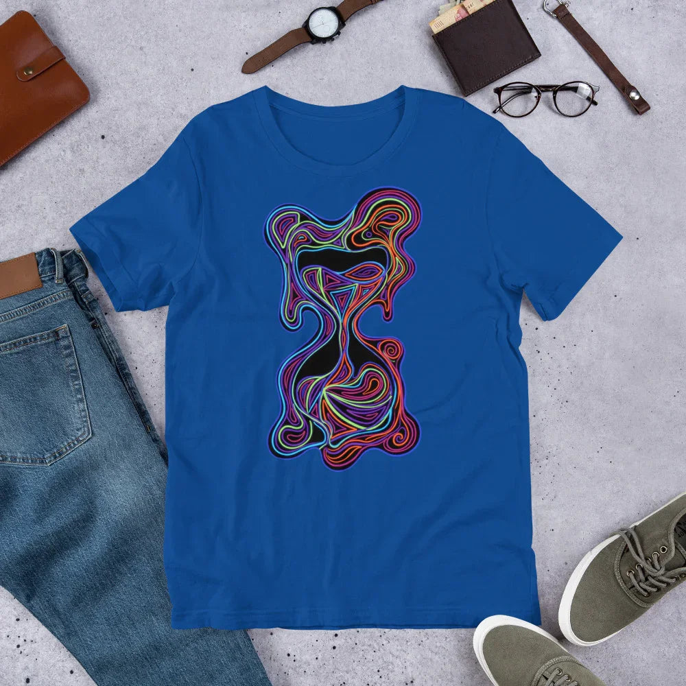 True royal blue unisex t-shirt with vibrant psychedelic neon abstract art design laid flat with jeans, watch, wallet, glasses, and sneakers