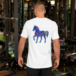 Man wearing white unisex t-shirt with vibrant psychedelic horse design on back in gym setting