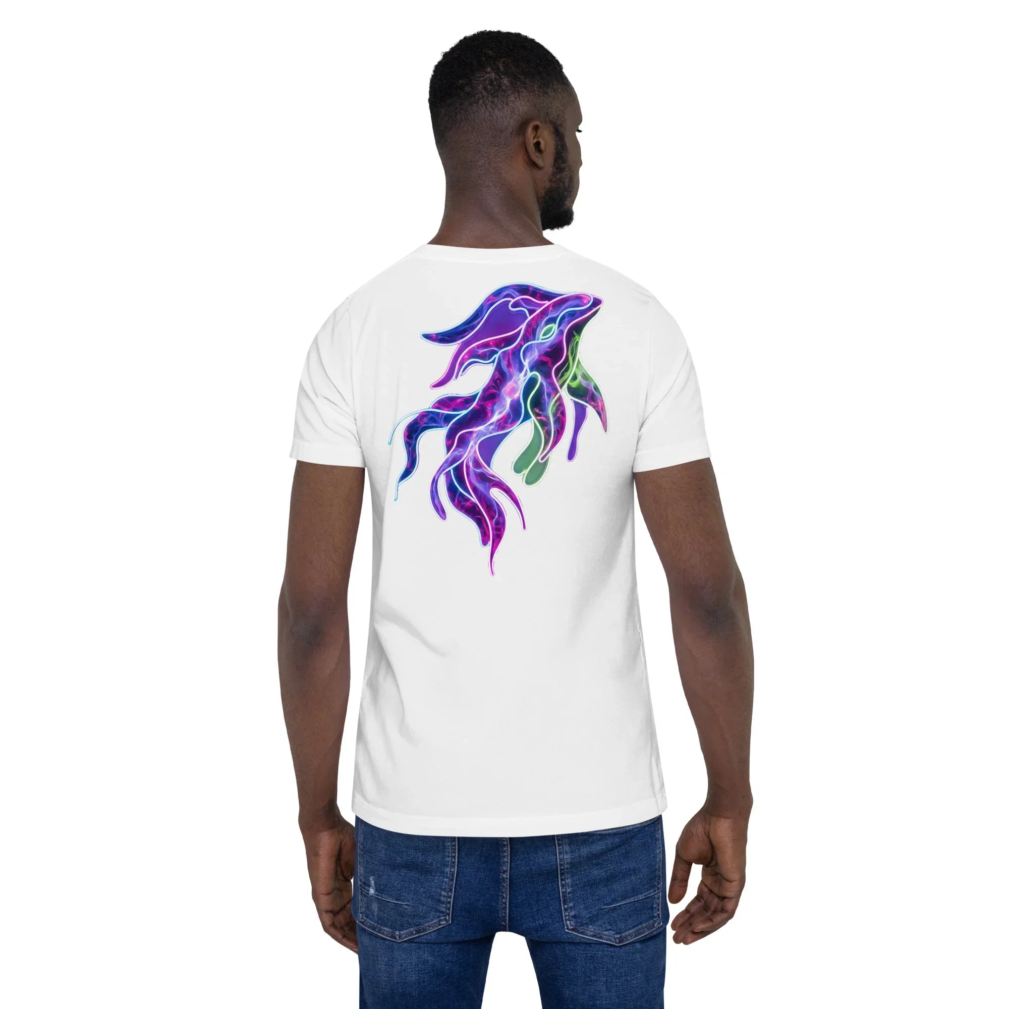 Man wearing white unisex staple t-shirt with vibrant psychedelic neon squid art on back