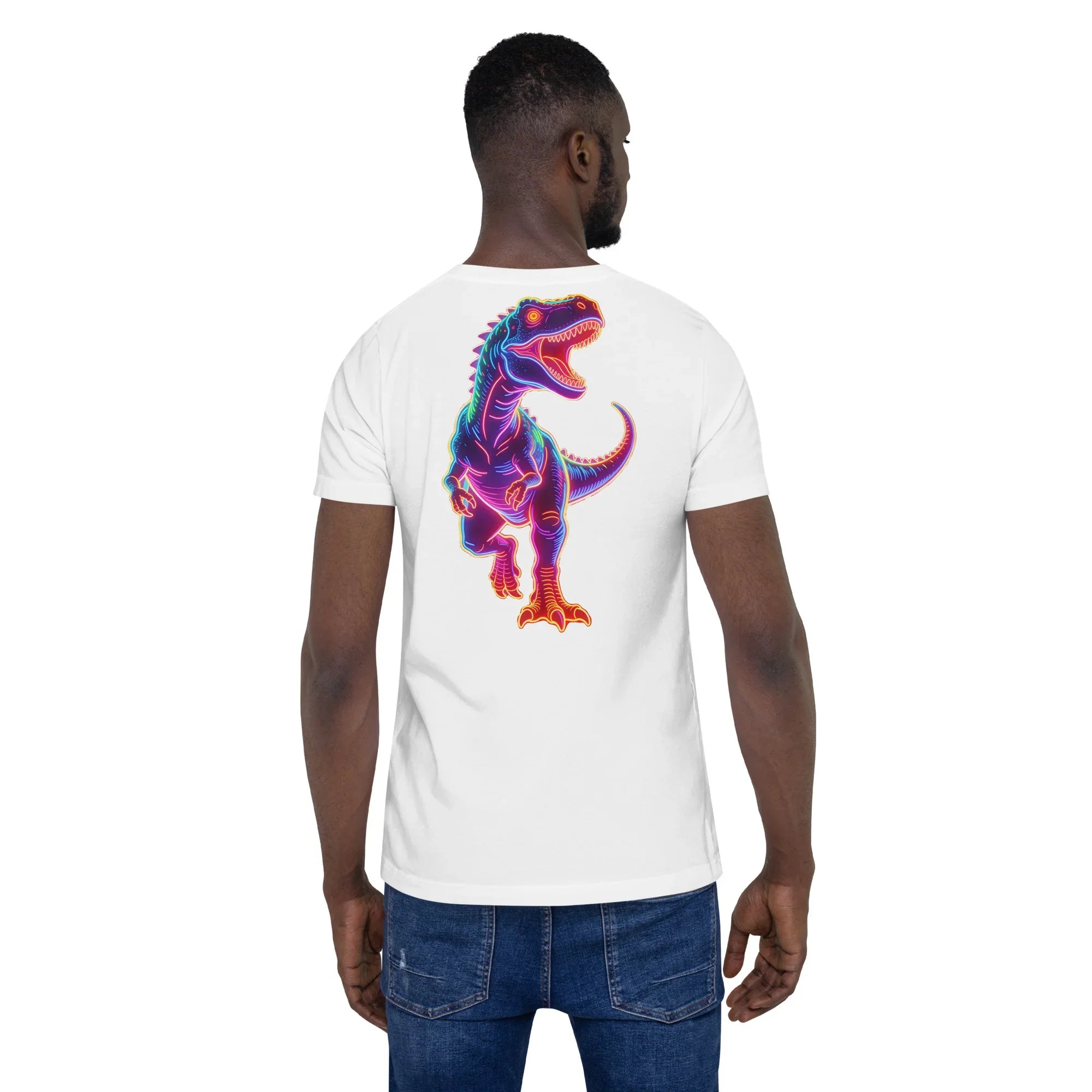 Back view of man wearing white unisex t-shirt with neon dinosaur graphic design
