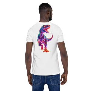 Back view of man wearing white unisex t-shirt with neon dinosaur graphic design