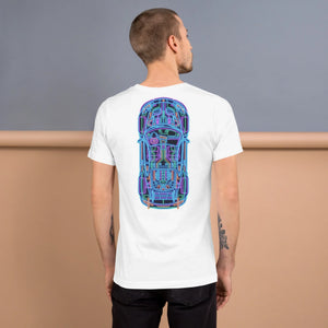 Male model wearing white unisex T-shirt with neon blueprint car design on back, studio background