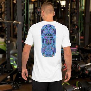 Man wearing white unisex t-shirt with colorful neon car blueprint graphic on back in gym setting